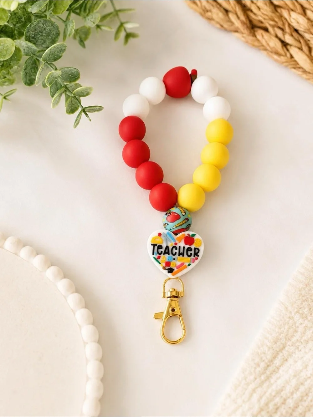 Teacher Silicone Bead Keychain Wristlet - Red, White & Yellow